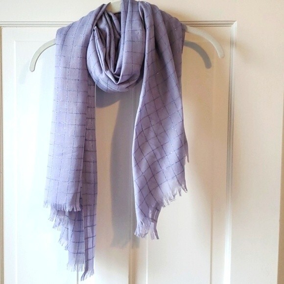 AHUSE BLUE GRAY WINDOWPANE WRAP/ SCARF METALLIC ACCENTS FRINGE - Picture 2 of 7